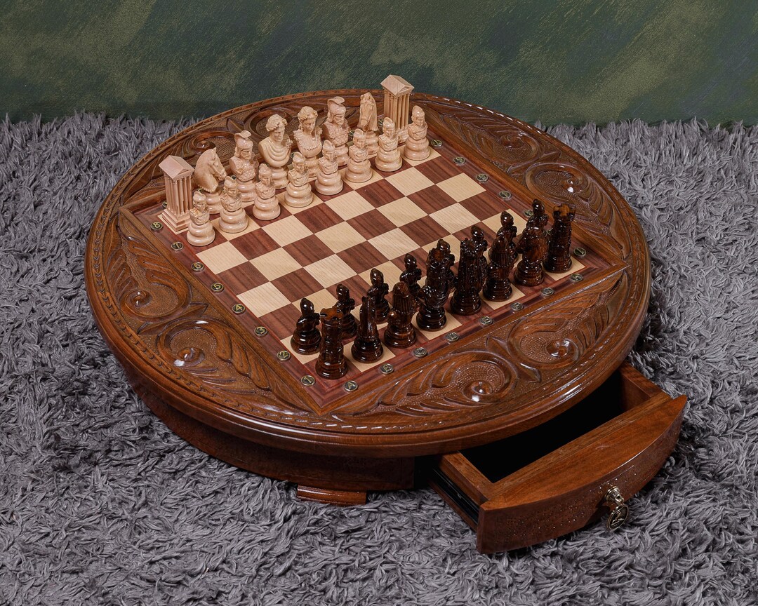 Handmade Round Chess Board With Storage, Chess Set With Drawers, Unique ...