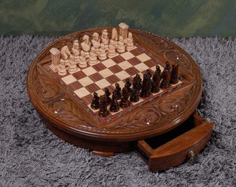 Handmade Round Wood Chess Set with Storage Drawers: Roman Chess Pieces