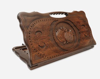 Engraved  Pomegranate. Wooden Chess and Backgammon Board Set: Handmade Folding Travel Game