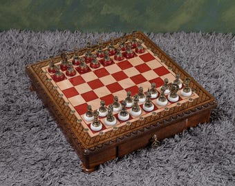 Handmade Red Epoxy Resin Chess Set: Luxury Wooden Board with Storage