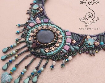 Bead Embroidery Bib Necklace with Labradorite Cabochon, Turquoise and Purple Beaded Tassel Necklace, Beaded Jewelry, Collar Art Beadwork,