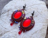 Ruby bead embroidery earrings,  gift for her,  big earrings, christmas gift, Lunasoft bead embroidered earrings, beadwork, women's jewellery