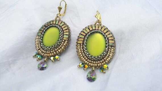 Lime bead embroidery earrings Lunasoft bead embroidered | Etsy
