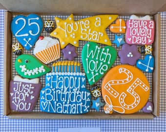 Personalised Birthday Cookie Box: Iced Biscuit Gift, Letterbox Treat 40/50/60/70/80/90/100