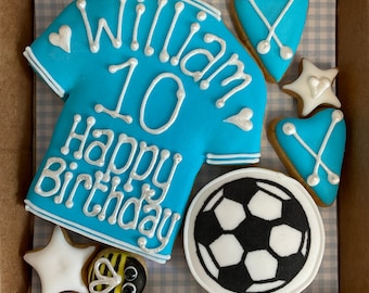 Personalised Football Shirt Cookie Box: Gift for Footballers; Royal Iced biscuits