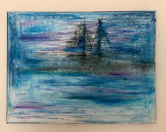 Original wall art oil pastel on canvas title is the the misty island