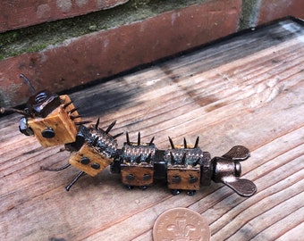 Handmade Wood block steampunk robot Wooden figurine/sculpture Ken the caterpillar
