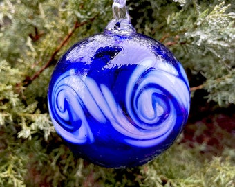 Dark Blue Swirl Ornament, Glass Ornament, Blown Glass, Suncatcher, Beach House Decor, Ocean Lover Gift Idea, Blown Away Glass, Cobalt Glass
