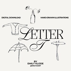 May include: Digital download featuring hand-drawn illustrations. The design includes a bottle with flowers, a cardigan, an umbrella, and a sausage on a fork. The word "Letter J" is prominently displayed. The artist's name and social media handle are also included.