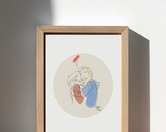 Portrait PDF personnalisé, Portrait de couple minimaliste, Illustration de dessin animé mignon, Impression personnalisée, Cadeau personnel