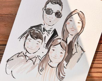 Op de afbeelding: Een aquarelillustratie op wit papier met een gezin van vier personen. Het kunstwerk toont een man met een zonnebril en een vlinderdas, een vrouw met lang haar en twee kinderen. De tekst Laura e Giordano en 7-03-2026 staat onderaan de afbeelding.