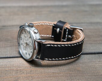 Leather watch strap, Horween Black Chromexcel, hand stitched watch band, handmade in Finland- 20, 21, 22, 23, 24, 25, 26mm