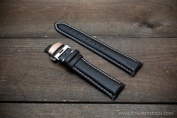 Sailcloth water-resistant watch strap 17-24 mm. Black with red stitching.