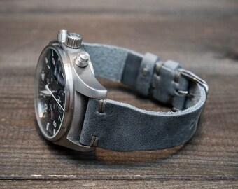 Leather watch strap, Fodder Grey wax watch band, Pilot model. Handmade in Finland.