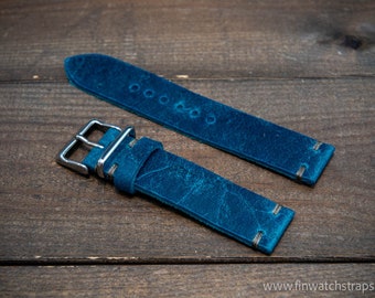 Vintage leather watch band, watch strap,  suede Crazy Cow/ Azzure blue. Handmade in Finland, Fits watch lugs 16-26 mm.