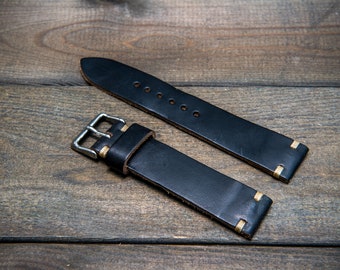 Leather Watch Band, Black color Horween leather watch strap, Handmade in Finland - 16, 17, 18, 19, 20, 21, 22, 23, 24, 25, 26 mm.