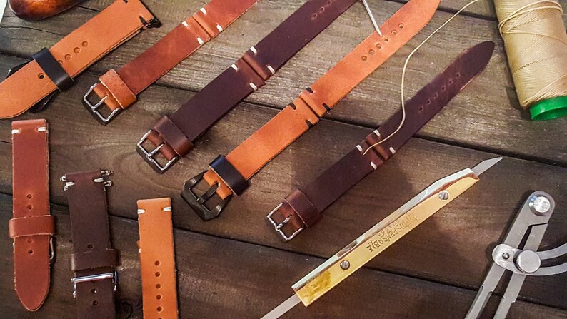 Horween leather watch strap, English Tan color, handmade in Finland 16mm, 17mm, 18mm, 19mm, 20mm, 21mm, 22mm, 23mm, 24mm, 25mm, 26mm. image 7