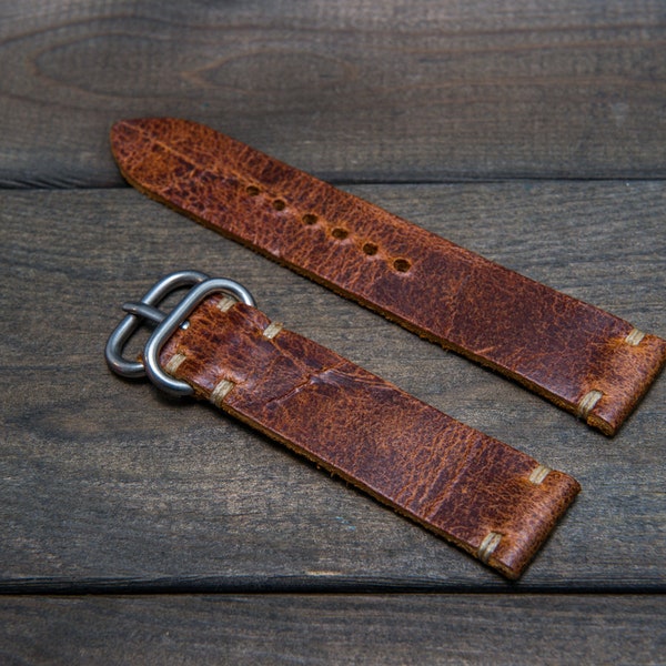 Vintage leather watch band, watch strap,  suede Crazy Cow Cognac. Handmade in Finland- 16, 17, 18, 19, 20, 21, 22, 23, 24 mm.