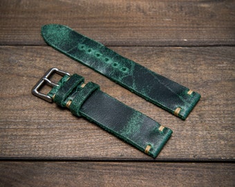 Vintage leather watch band, watch strap,  suede Crazy Cow/ Green. Handmade in Finland - 10, 12, 14, 16, 17, 18,19,20,21,22,23,24,25, 26 mm.