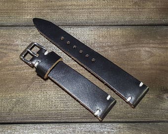 Tapered Leather Watch Band, Horween Black leather watch strap- 26x22 mm, 25x22, 24x20mm, 23x20, 22x18 mm, 21x18mm, 20x16 mm