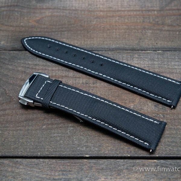 Canvas Black watch strap for Omega watches with clasp. Watch lugs: 22x18 mm, 21x18 mm, 20x18 mm, 19x18 mm