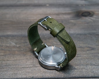 Leather Watch Band, Badalassi Carlo Olive tapered watch strap. Handmade in Finland, 16, 17 , 18, 19 , 20, 21 , 22, 23 , 24, 25, 26 mm.