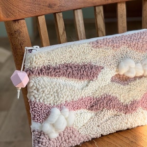 Punch needle embroidered cosmetic bag, embroidered clutch, fluffy bag, wool punch needle embroidery, textural embroidery, cosmetic bag