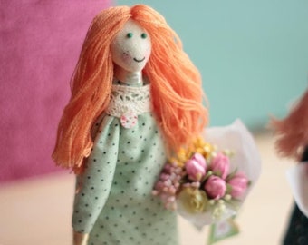 Little spring doll, textile doll angel, spring doll, spring gift, doll with flowers, color hair doll