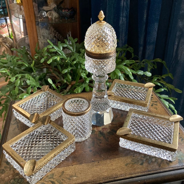 French Cut Crystal Ormolu Smoker’s Set