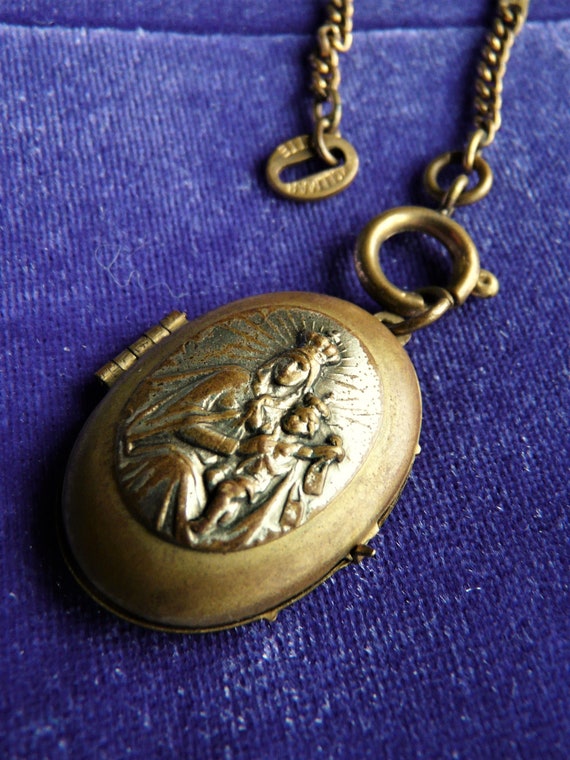 Brass Mary Jesus Locket on Kollmar Kette Watch Ch… - image 1