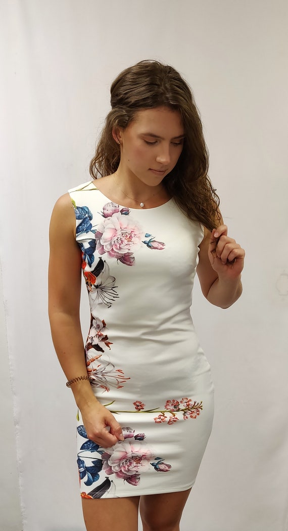 white floral pencil dress