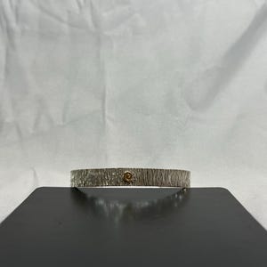 May include: A silver textured bangle bracelet with a small gold accent in the center.