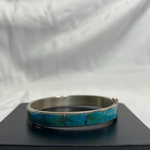 Jay King Vintage 925 Sterling Silver DRT Blue Turquoise Inlaid Hinged Bangle Bracelet