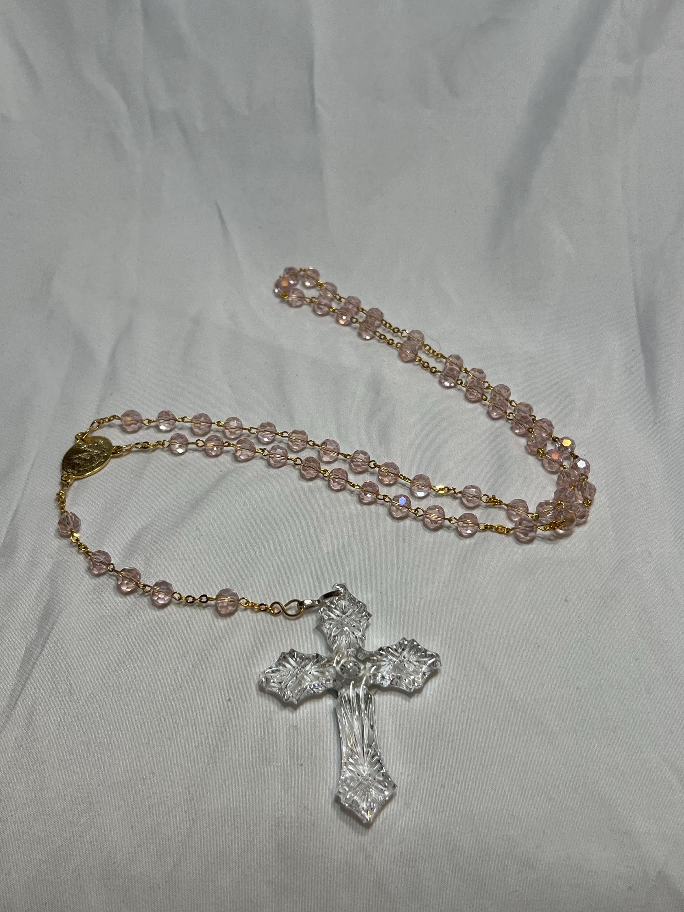 Waterford Crystal Pink Beaded Crystal Celtic Cross Rosary Necklace