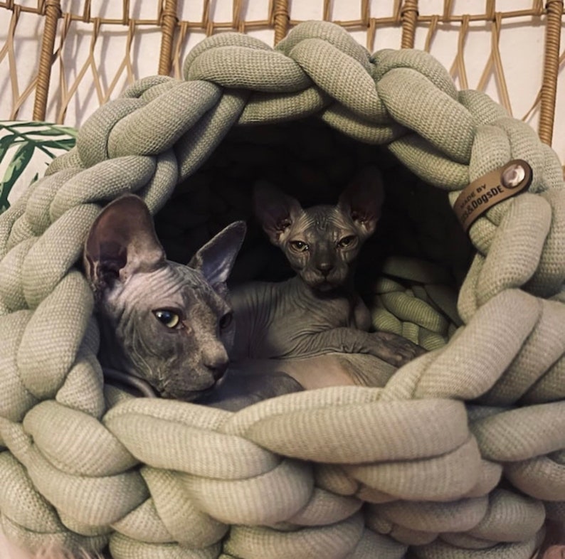 May include: A sage green, chunky knit, round pet bed with a thick braided texture. Two hairless cats are resting inside the cave-like structure. A small brown leather tag on the side features the text "MADE BY Cats&DogsDE" with a metal rivet.