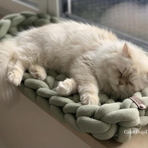 May include: A long-haired cream-colored cat sleeping on a sage green chunky knit bed. The bed is made of thick, braided fabric tubes and features a small brown leather tag with the text Cats&DogsDE embossed in gold lettering on the side.