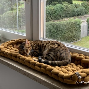 Può includere: Una cuccia per gatti in maglia grossa color giallo senape di forma rettangolare con bordi rialzati, dotata di una piccola etichetta grigia con il testo Cats&DogsDE. Un gatto soriano maculato marrone e nero dorme raggomitolato nel letto.