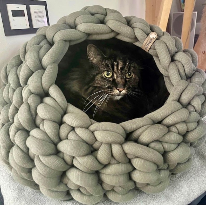 May include: A round, sage green chunky knit pet bed made of thick, braided fabric tubes. A dark brown tabby cat is resting inside the circular opening. A small, light-colored leather tag with the text "cats&dogste" is attached to the rim.