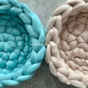 May include: Two round pet beds made of thick, chunky knit wool. One is a light teal color, and the other is a neutral beige. The beds have a braided edge and a textured interior, perfect for cats and dogs.