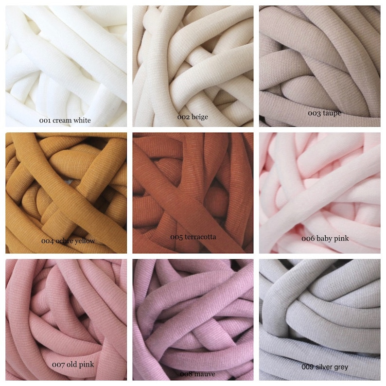 May include: A grid of nine thick, tubular yarn skeins in various colors labeled 001 cream white, 002 beige, 003 taupe, 004 ochre yellow, 005 terracotta, 006 baby pink, 007 old pink, 008 mauve, and 009 silver grey, showcasing the texture.