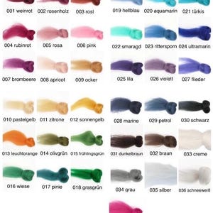 May include: A color chart featuring samples of dyed wool roving in various shades. The chart includes colors like pink, blue, green, and brown, with each sample labeled with a number and a German color name. The samples are arranged in rows and columns.