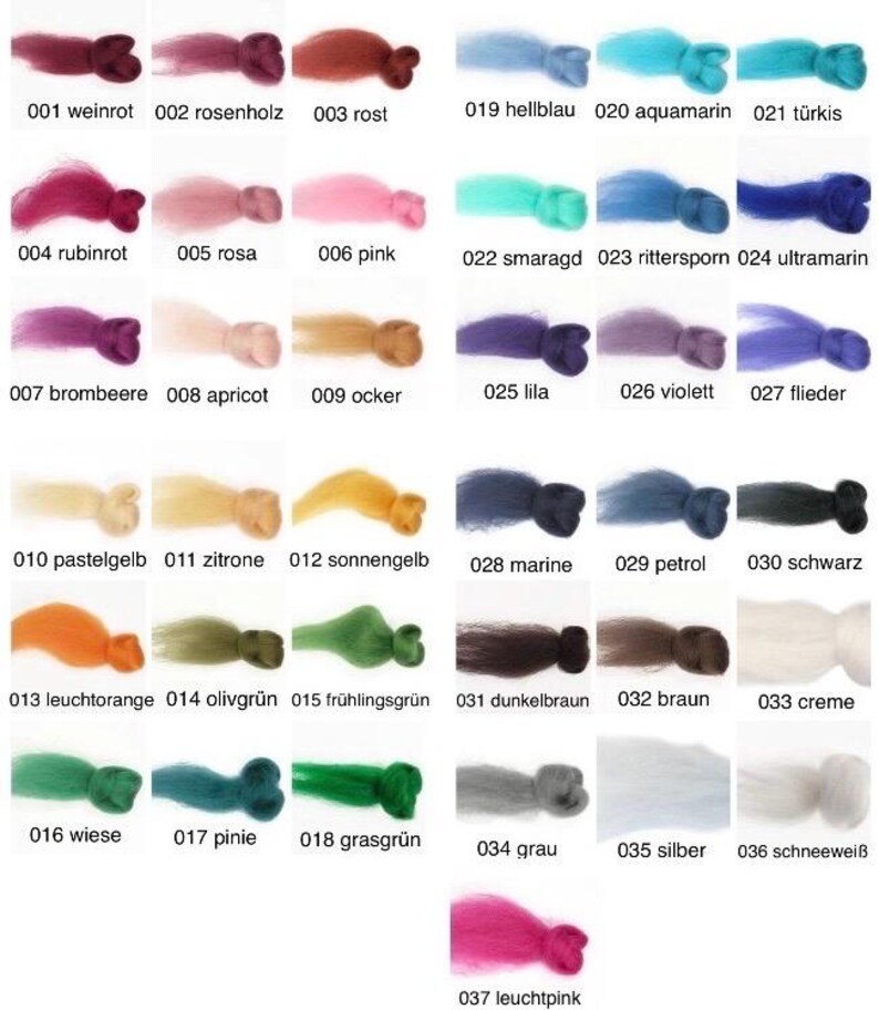 May include: A color chart featuring samples of dyed wool roving in various shades. The chart includes colors like pink, blue, green, and brown, with each sample labeled with a number and a German color name. The samples are arranged in rows and columns.