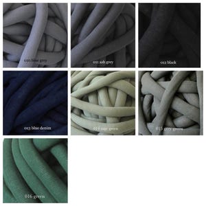 May include: A collection of seven thick, tubular fabric yarns in various colors, labeled 010 blue grey, 011 ash grey, 012 black, 013 blue denim, 014 sage green, 015 grey green, and 016 green, arranged in a grid for color comparison.