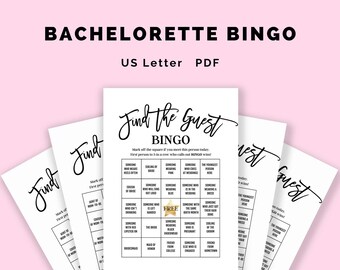 May include: A printable "Find the Guest" Bingo game for a bachelorette party. The game features a 5x5 grid with squares to mark off when you meet someone who fits the description.  The descriptions include things like "Someone wearing pink", "Someone who cries at weddings", and "Someone who just got their hair done".