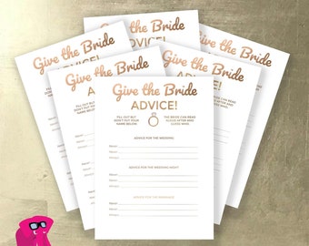 May include: A printable bridal shower game with the text "Give the Bride Advice!" and a gold ring icon. The game includes prompts for advice for the wedding, wedding night, and marriage.