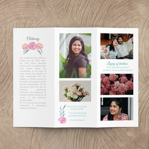 May include: A tri-fold funeral program with a pink floral design and a photo of a woman. The program includes the obituary for Nina Jones, a woman who was known for her contributions to the community. The program also includes a photo of Nina Jones with her family and a quote about forgetting and smiling.