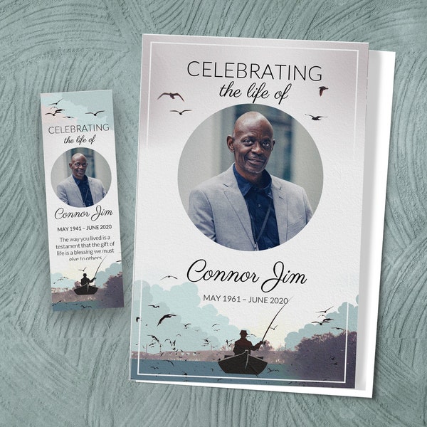 Fishing 8 Page Printable Obituary Template, Funeral Program for Man, Word and Google Docs download