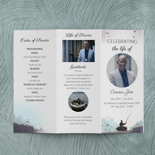 Trifold Funeral Program for a Man who loves fishing, includes blue matching keepsake