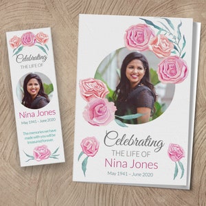 Mulher do programa funerário com rosas e fotos, marcador de lembrança incluído no Google Docs ou modelo do Word de 8 páginas