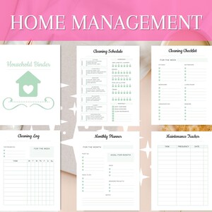 May include: A set of printable home management worksheets with a green and white color scheme. The worksheets include a cleaning schedule, cleaning checklist, cleaning log, monthly planner, and maintenance tracker.
